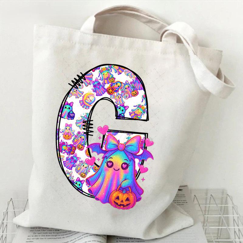 Halloween Alphabet Canvas Bag Going Out Portable Handbag Women's Large Capacity Casual Shoulder Crossbody Bag