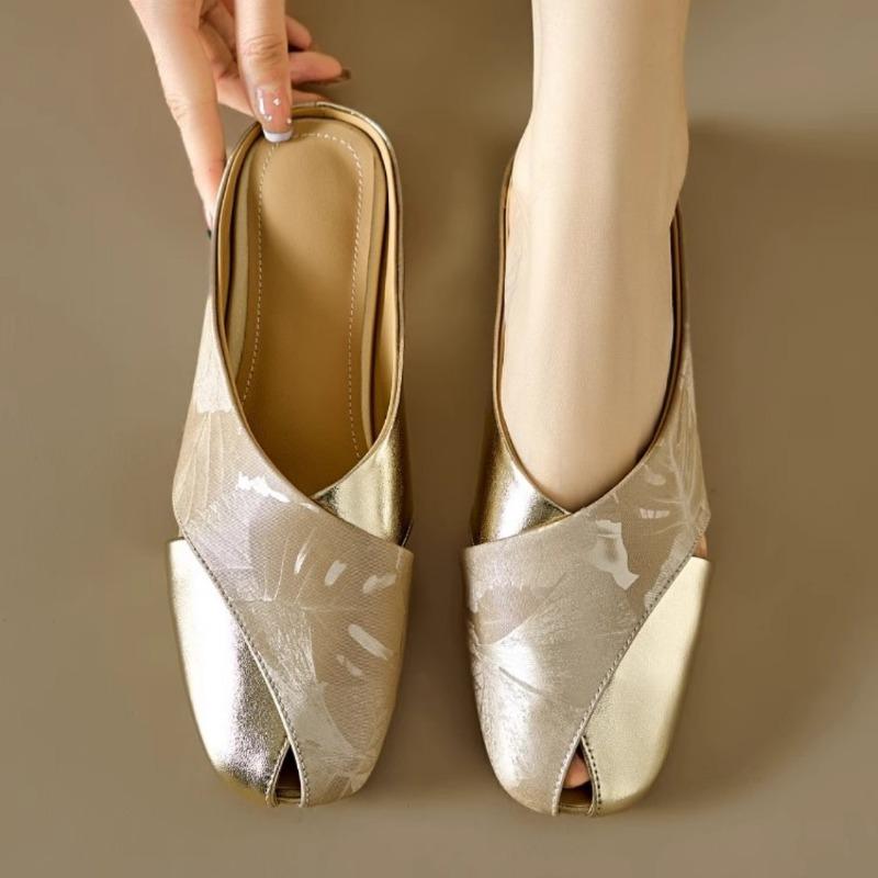 

Baotou half-drag women s summer printing color matching square head hollow flat-bottomed cool slippers 40 абрикосовый