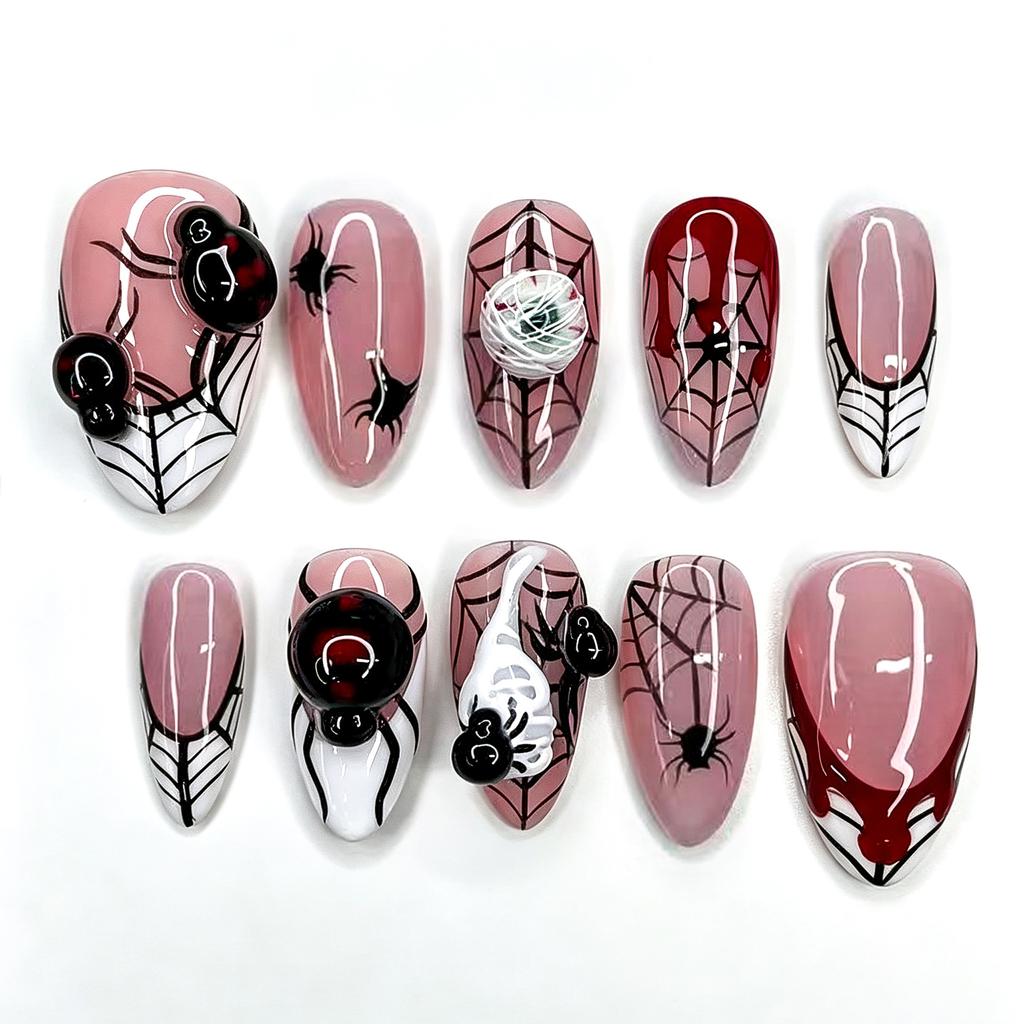 24Pcs Halloween Red Almond Nails Set Press On Spider Web Pattern Round Head False Nails Bat Fake Wearable Nail Tips Supplies