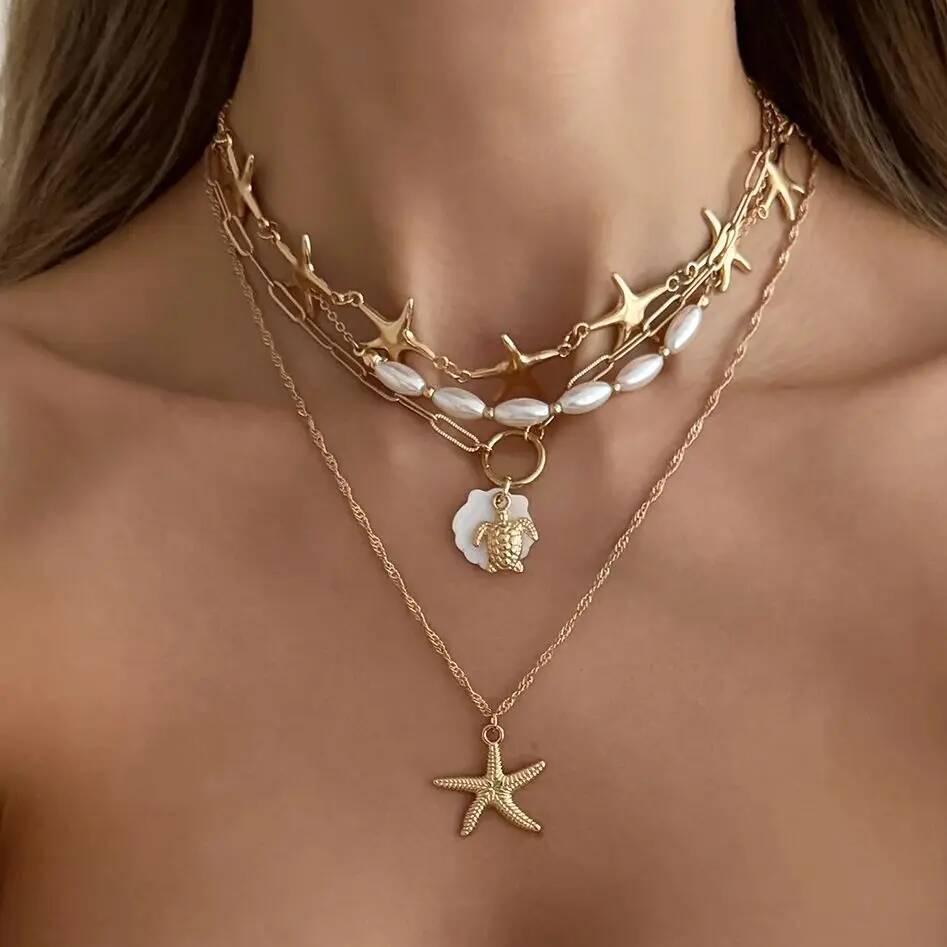 

SHIXIN Bohemian Starfish Sea Turtle Pendant Necklace for Women Handmade Imitation Pearl Multilayer Choker Summer Beach Jewelry