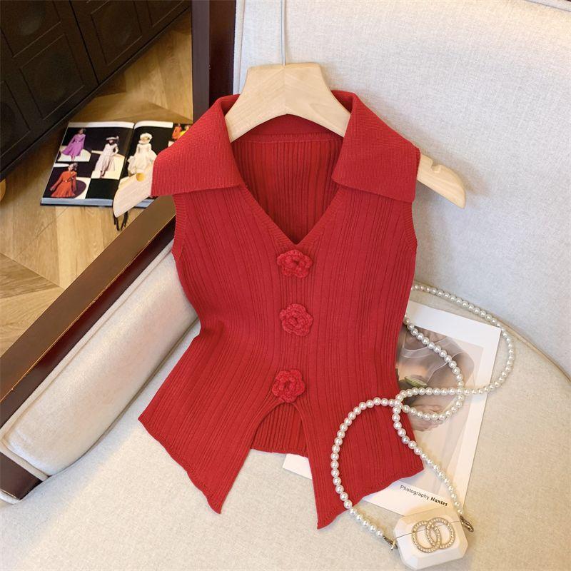 

Милый розовый 3D вязаный жилет с цветочным узором женский летний французский приталенный элегантный топ с коротким рукавом и воротником поло L