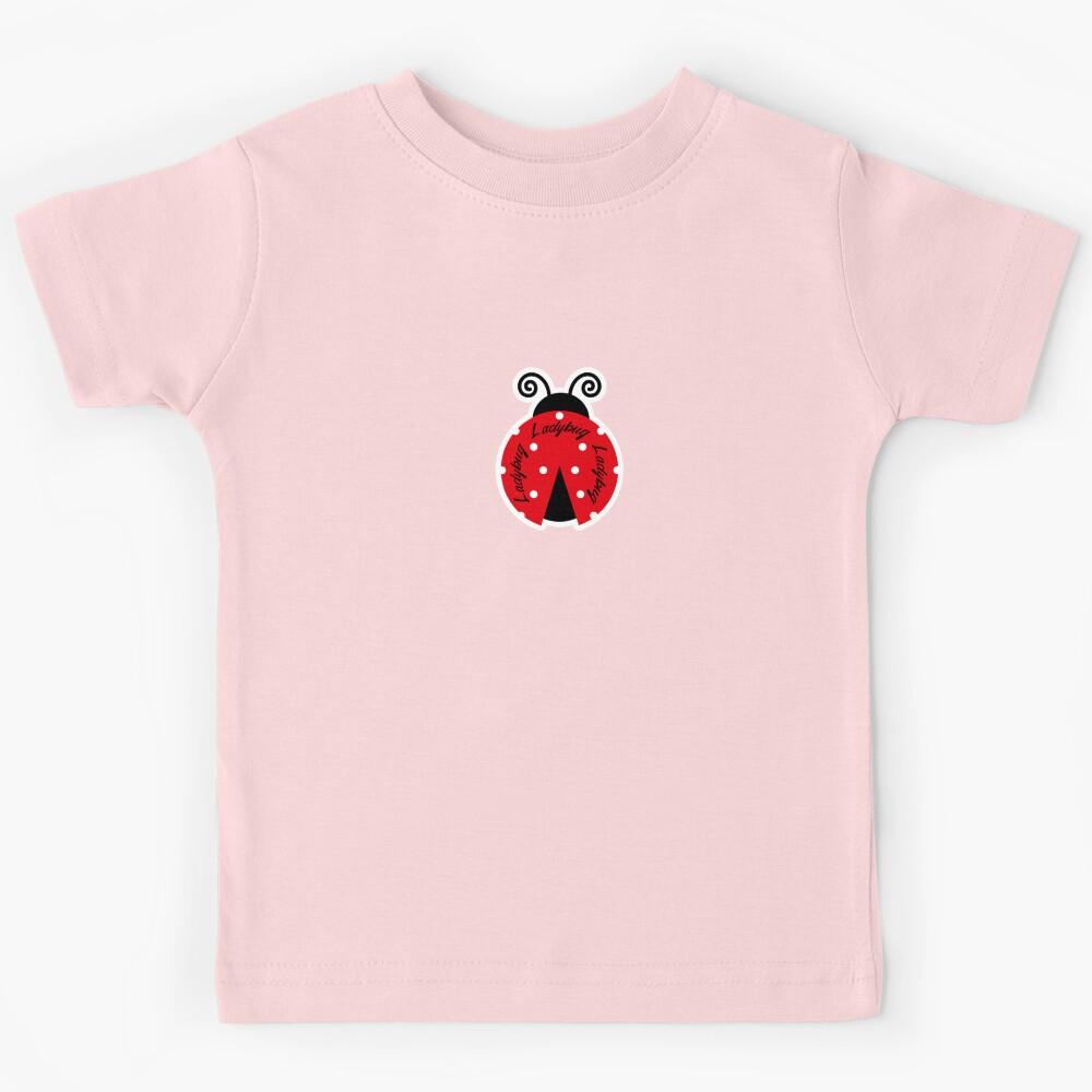 Red and black ladybug with coiled antennae, white polka dots, and text on its wings Kids T-Shirt 170