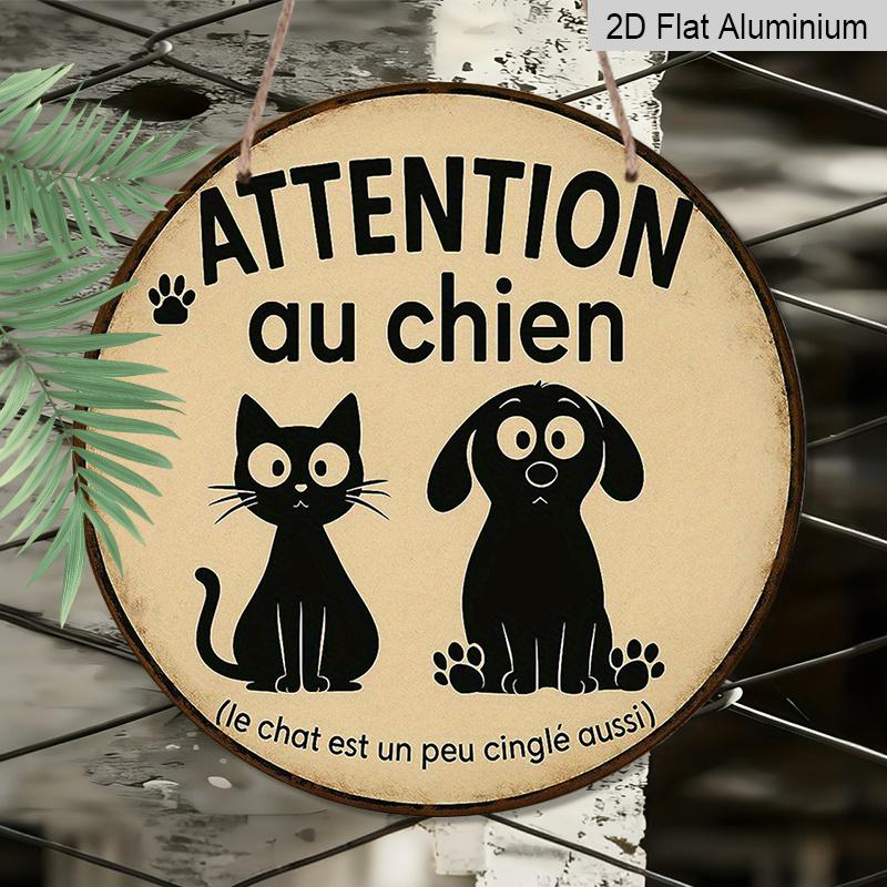 2D Flat, 1pc 7.87 Inch Round French Aluminum Sign, "Beware of Dog" Vintage Decorative Plaque, Pet Cat and Dog Reminder Decorative Art, Suitable for