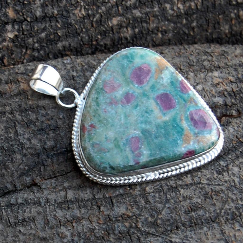 Heart Ruby in Zoisite  925 Sterling Silver Gemstone Cabochon Pendant