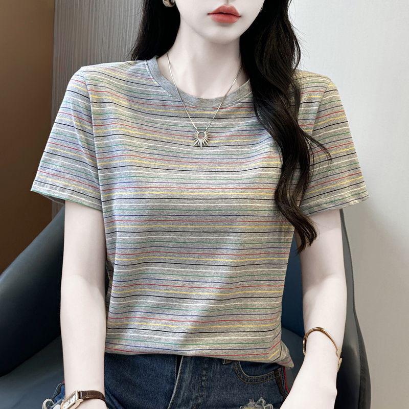 

Women s 2026 Striped Cotton Short-Sleeve T-Shirt - Loose Fit, Slimming, Round Neck, High-End. 3XL (67.5-75 kg) серый