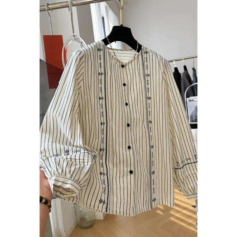 Korean Style Round Neck Striped Long-sleeved Shirt for Women Spring Autumn French Style Loose Embroidered Top Doll Shirt