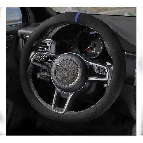 Suede Steering Wheel Cover With Upgraded Silicone Inner Ring, Anti Heat, Breathable, Anti-Slip, Leather Universal 14.5 To 15 Inch Steering Wheel