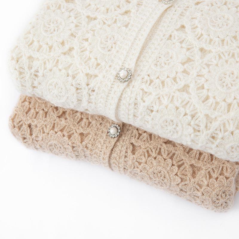 Women's V-Neck Cashmere Cardigan: Ethnic Style, Hollow Knit, Elegant, Versatile Sweater for Autumn and Winter