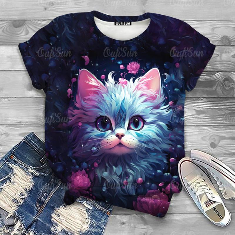 Cute Cartoon Cat Print Women's T-Shirts Top Short Pullover Sleeved Fashion Casual Style O-Neck Tee Shirt Female Clothing Summer