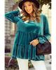 Azura Exchange Sea Green Velvet V Neck Peplum Hem Puff Sleeve Blouse