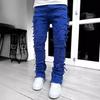 Spring and Autumn Individual Patched Black Pants Elastic Tassel Patch Denim Straight Pants Long Tight Fit Stacked Jeans for Men