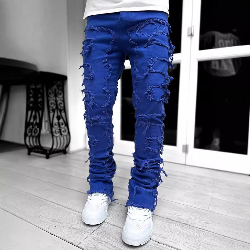 Spring and Autumn Individual Patched Black Pants Elastic Tassel Patch Denim Straight Pants Long Tight Fit Stacked Jeans for Men