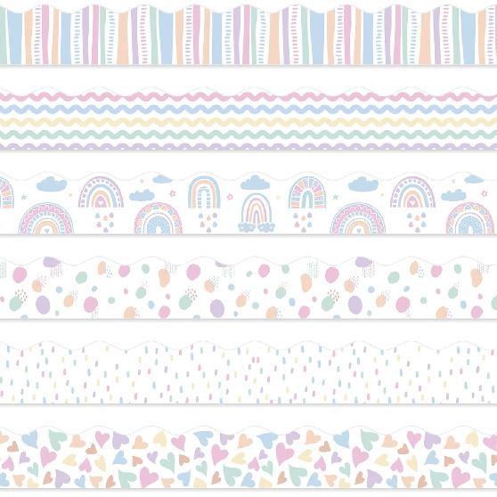 Boho Bulletin Board Borders, Pastel Rainbow Classroom Decor, Colorful Dot Rainbow Floral Wavy Die-Cut Border Trims for Teacher Back to School Pastel