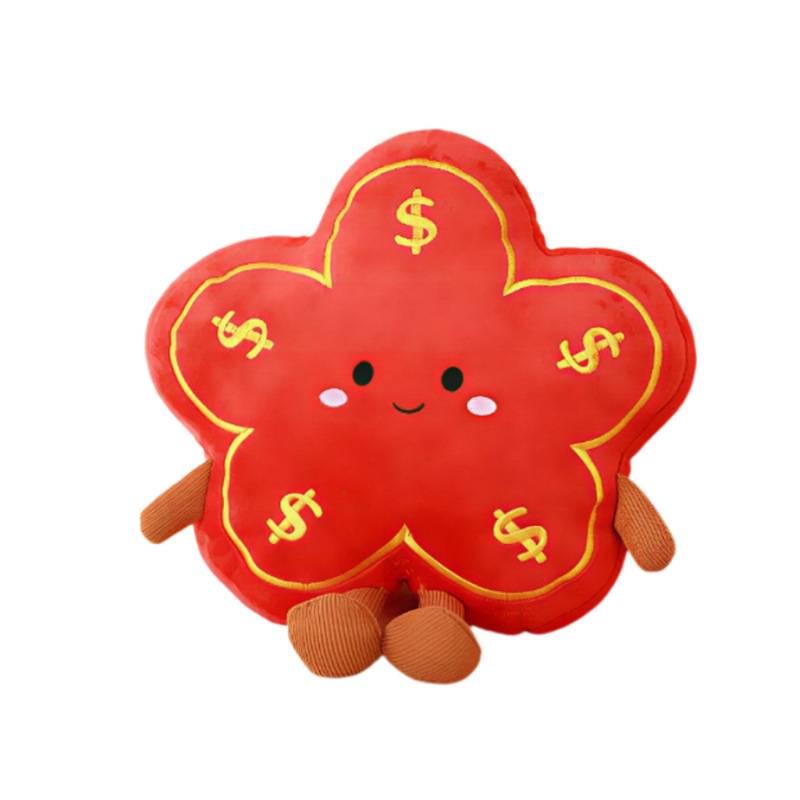 New Year Plush Toy: Prosperity Hug Pillow with Dumplings & Copper Coins, Festive Figure Doll & Decoration with Red Flower for New Year's Eve