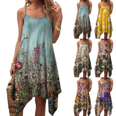 Damen Sommer Casual Vintage Blumenmuster Rundhals Verstellbares Trägerkleid mit Taschen