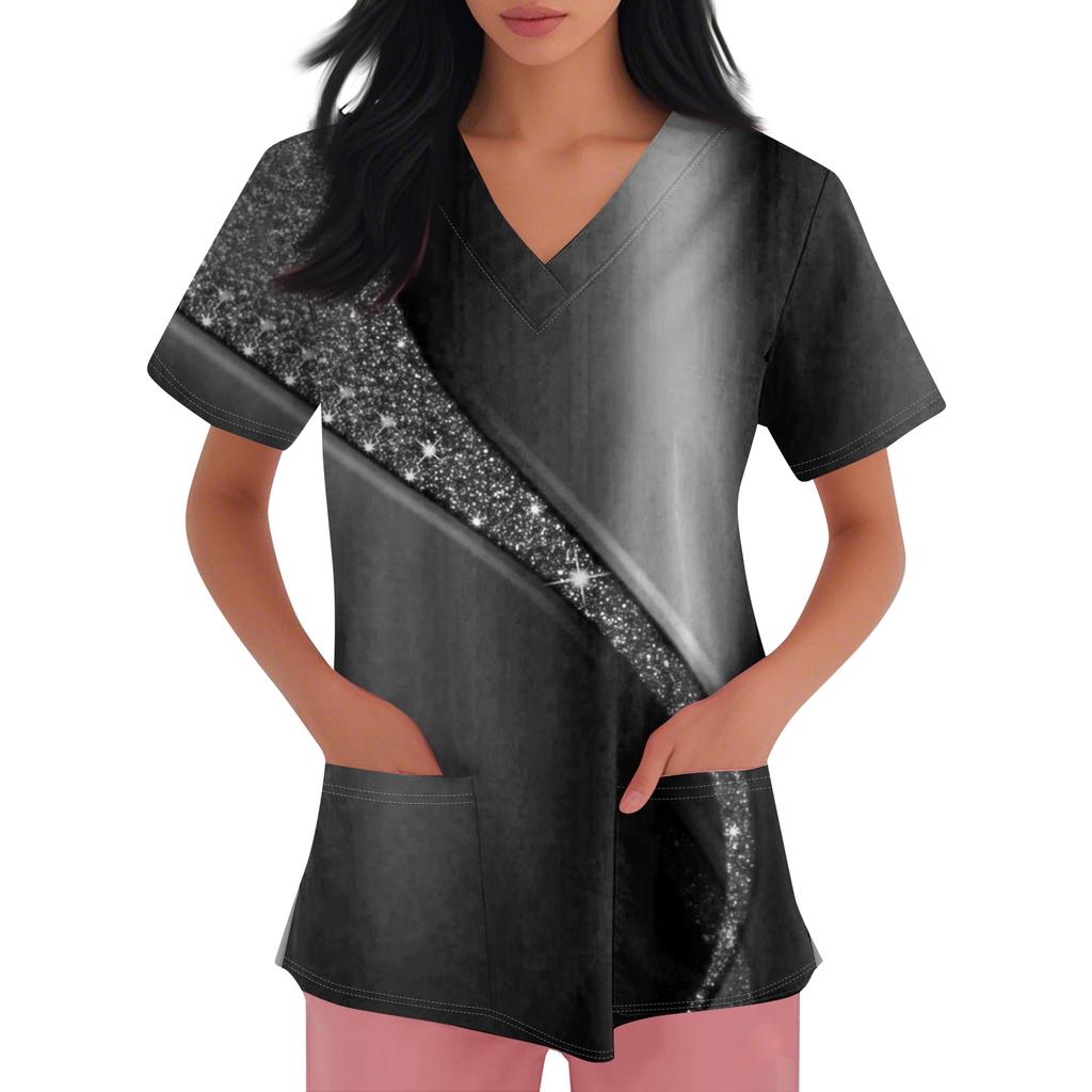 Damen V-Ausschnitt Cartoon-Print Kurzarm Tasche Seitenschlitz Schutzkleidung Oberteil