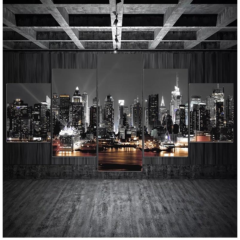 5 Pieces New York City Scenery Pictures Canvas Painting Prints Night View Poster Home Decor Wall Art for Living Room NO FRAME