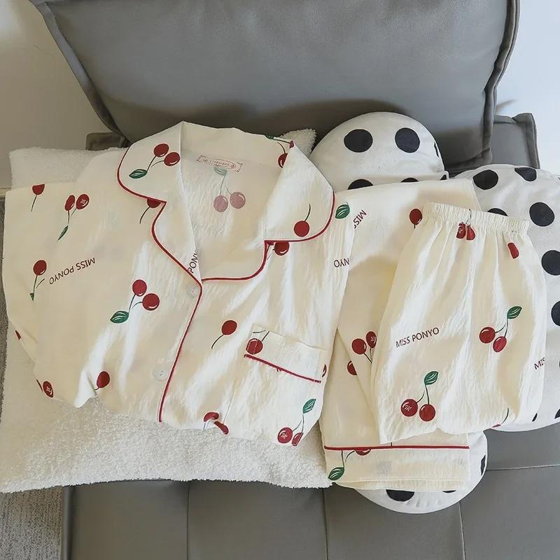 "Dámské bavlněné pyžamo s třešňovým medvídkem - Jaro/Podzim, Dlouhý rukáv, Roztomilý kreslený svršek"