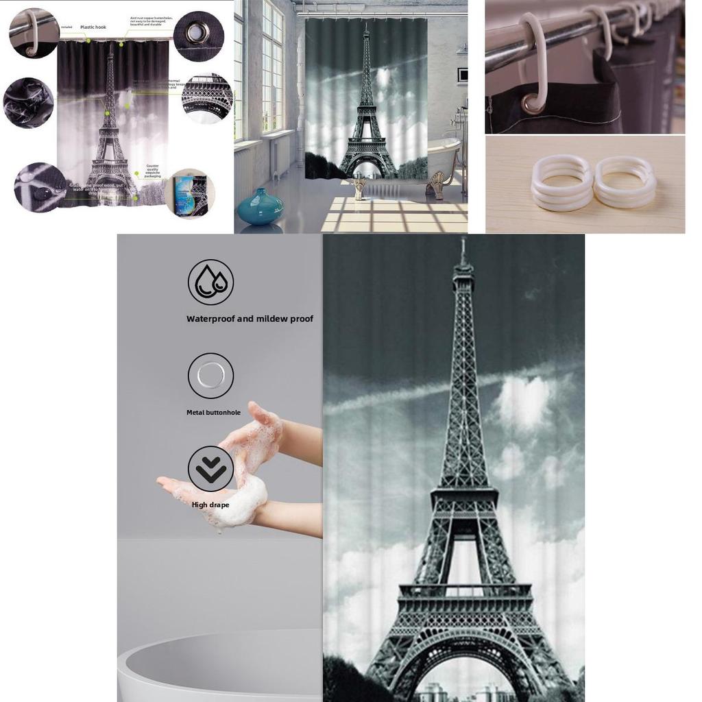 Eiffel Tower Themed Polyester Shower Curtain With Urban Night Scene For Home Improvement