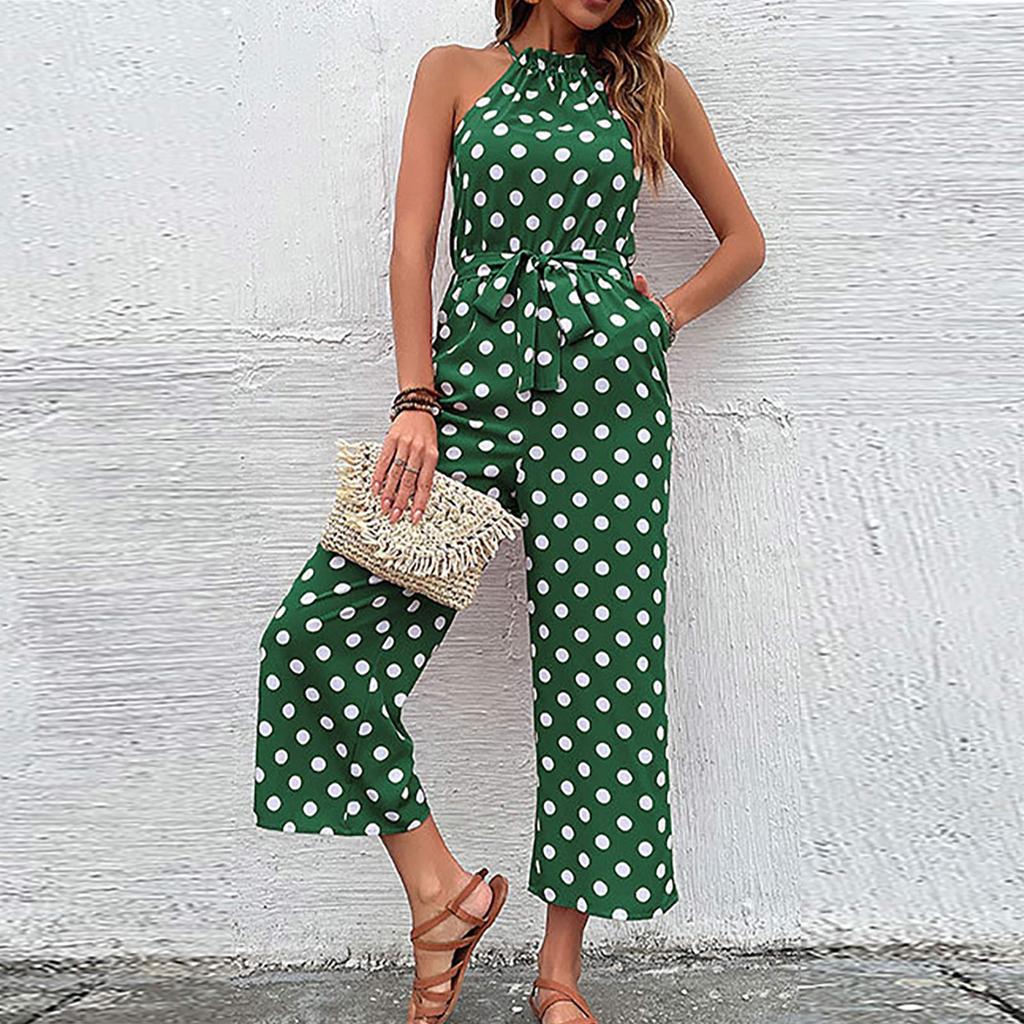 Women's Fashion Polka Dot Wide Leg Jumpsuit Neck Strap Jumpsuit