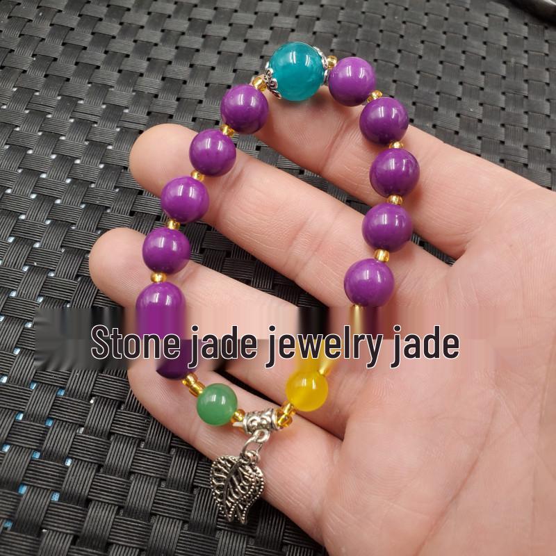 Jade Round Bead Bracelet with Floating Flower & Quartzite in Purple and Pink