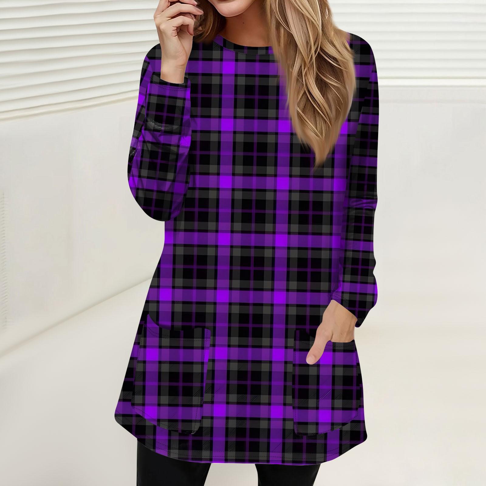 

Женская мода повседневный свитер футболка с круглым вырезом карман в клетку с принтом длинный рукав M фиолетовый