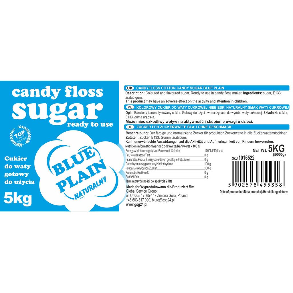 Colored Sugar for Cotton Candy, Blue, Natural Flavor, 5kg