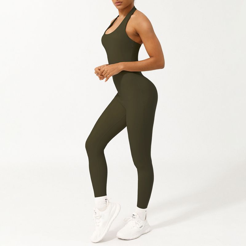

Export New Arrival Halterneck Low Collar Waist Yoga Jumpsuit Body Shaping Sports Hip Lifting Fashion Jumpsuit with Chest Pad Army Green M (recommended 50.00 kg-55.00 kg
