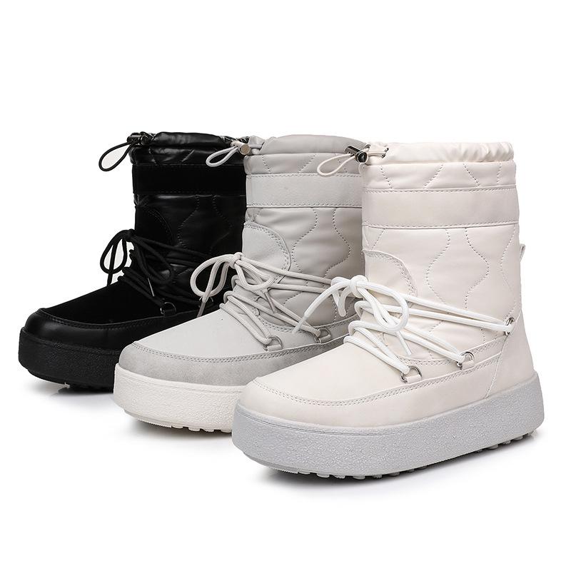 Schneestiefel Damen Lammwolle Innen Schneeschuhe Plateau Leder Thermisch Kurze Stiefel Kordelzug Riemen Damenstiefel