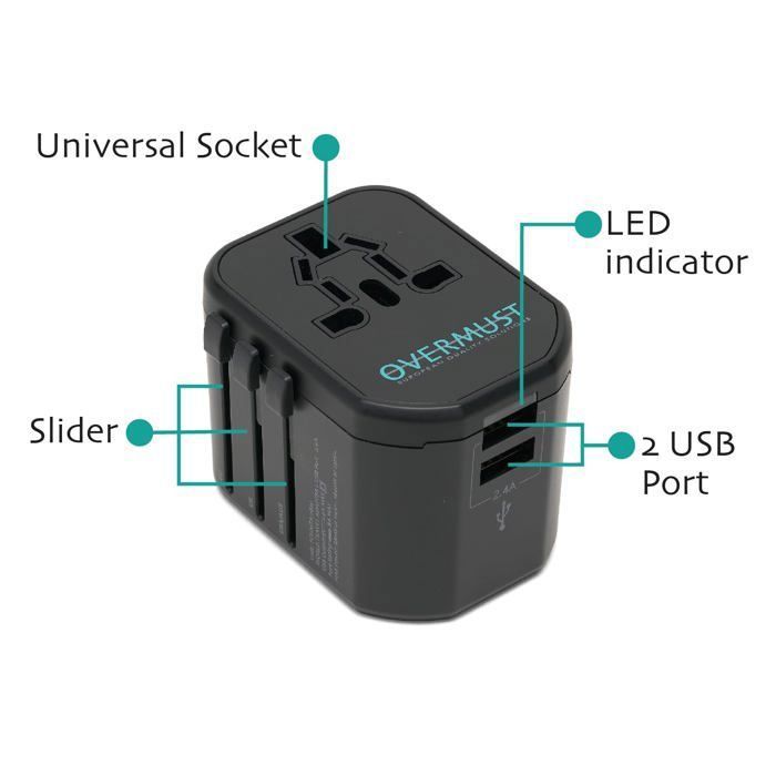 Adaptateur de voyage - OVERMUST - FOVMTA17869 - Prise universelle - 2 ports USB - Compact et léger