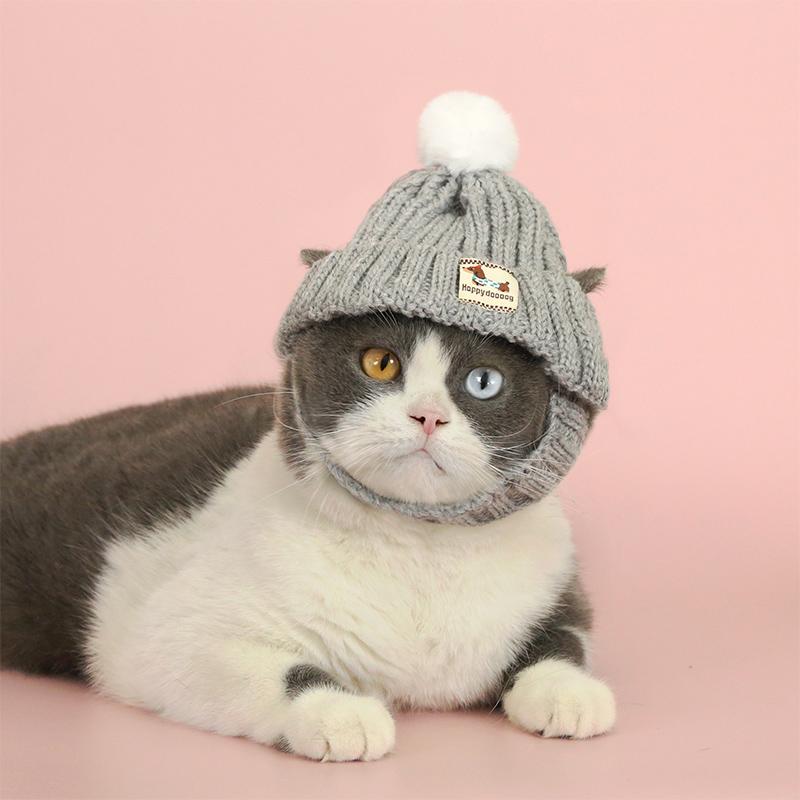 Gestrickte Hundemütze mit Bommel, Ohren frei, Winter, winddicht, Haustierkappe, Warme Strick-Welpenkleidung für kleine Hunde, Weihnachts-Foto-Requisiten