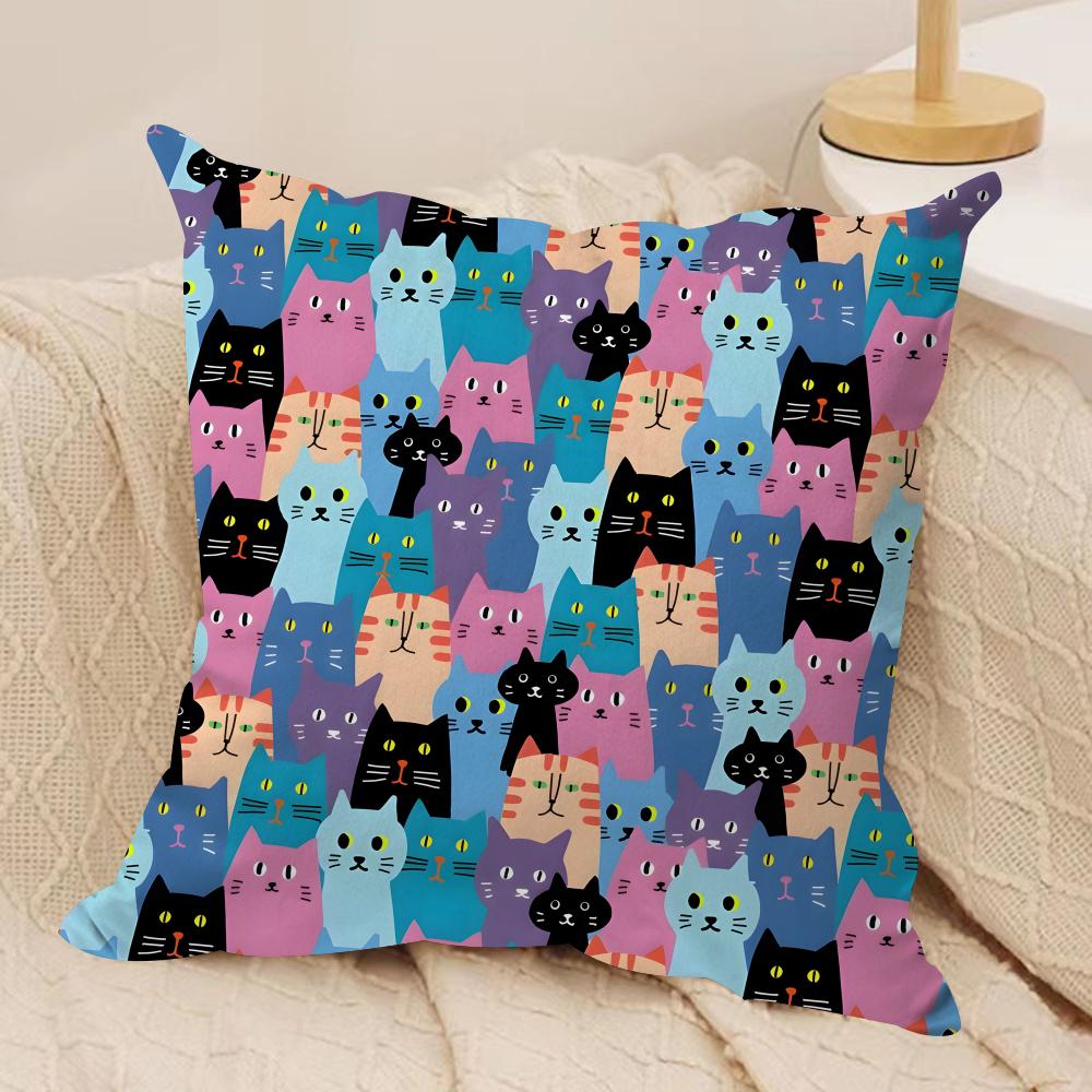 Cute Cat Cushion Cover Soft Plush Fabric DoubleSided Printed Sofa Cushion Cover for All Seasons Home Decor Gift