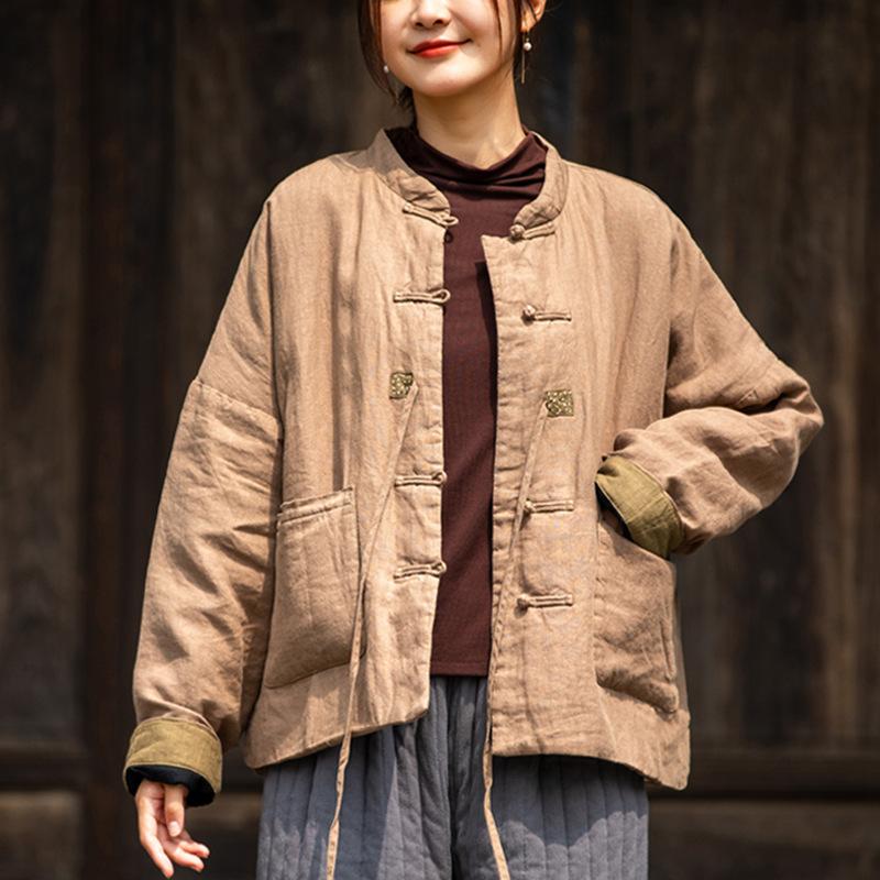 25 In Winter, Stand-up Collar, Placket Buckle, Thickened Padded Jacket, Women's Handmade Embroidery Thread, Lace-up Linen Short Padded Jacket