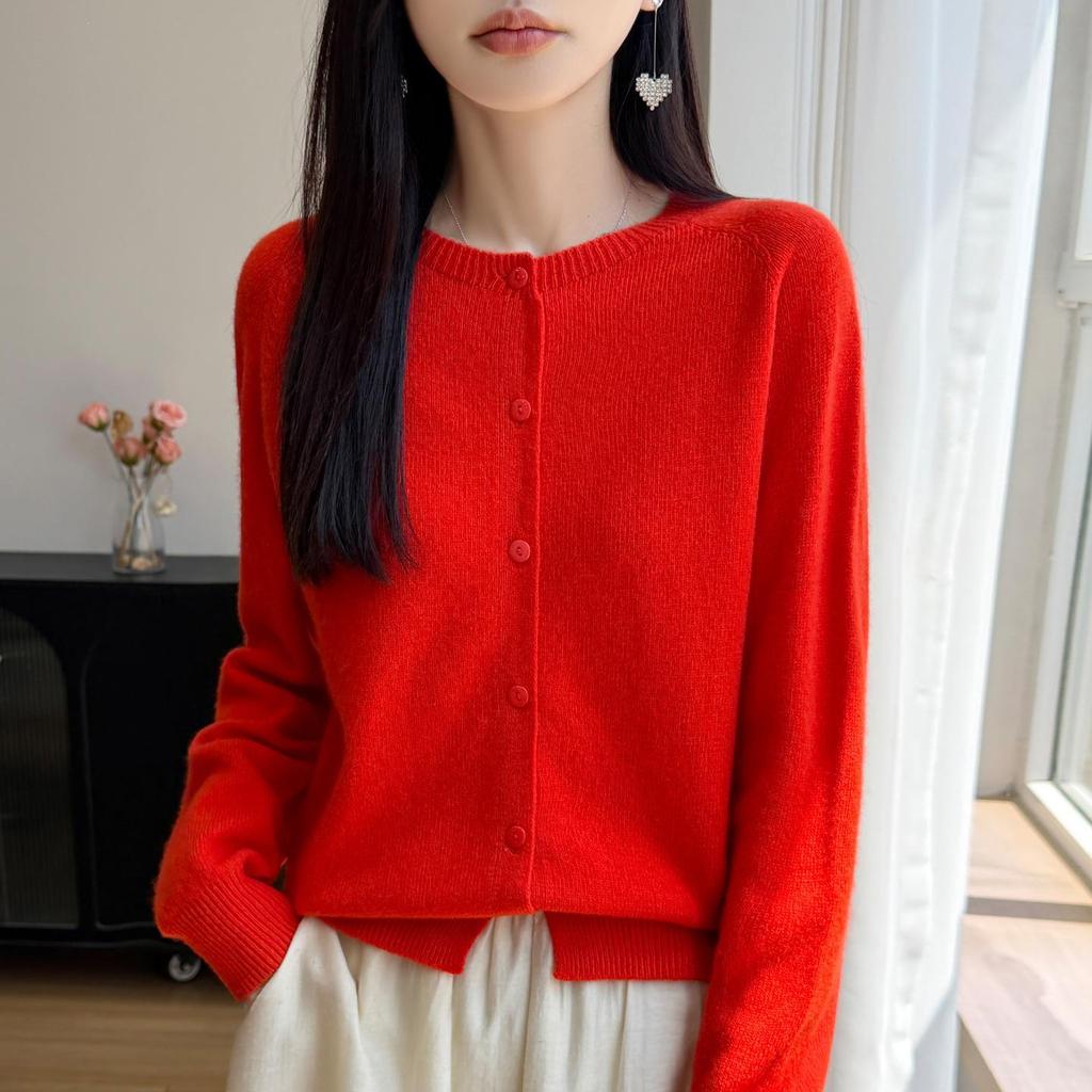 Autumn/Winter Pure Wool Seven-Stitch Crew Neck Cardigan - Thick, Long Sleeve, Solid Color, Skin-Friendly Knit Sweater