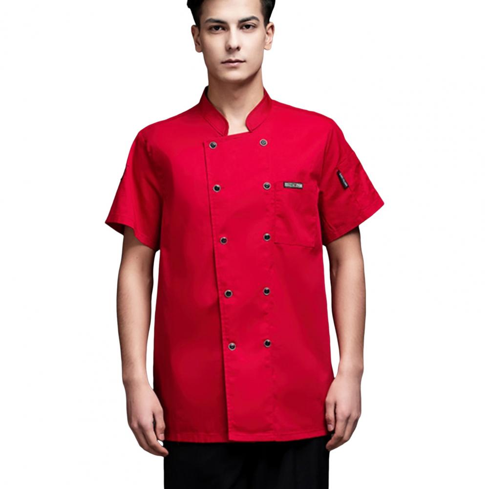 Unisex Chef Shirt Kitchen Double-breasted Short Sleeve Stand Collar Soft Chest Pocket Breathable Stain-resistant Loose Kitchen B