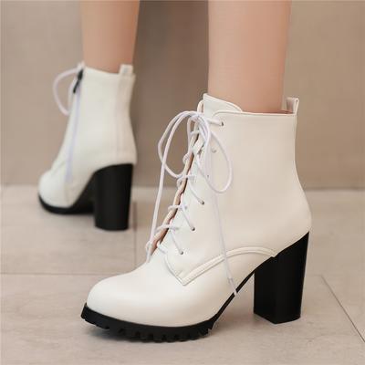 Moda Moda Botki Damskie Buty Zimowe Obcas Blokowy Sznurowane Damskie Krótkie Buty Czarny Biały Srebrny Duży rozmiar 45 46 47 48