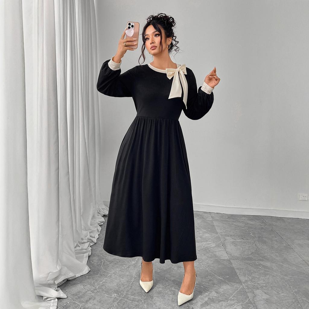 A Large-sized Color-blocking Three-dimensional Bow Dress for Women A Retro Slimming and Belt-covering Long Dress for Autumn and Winter
