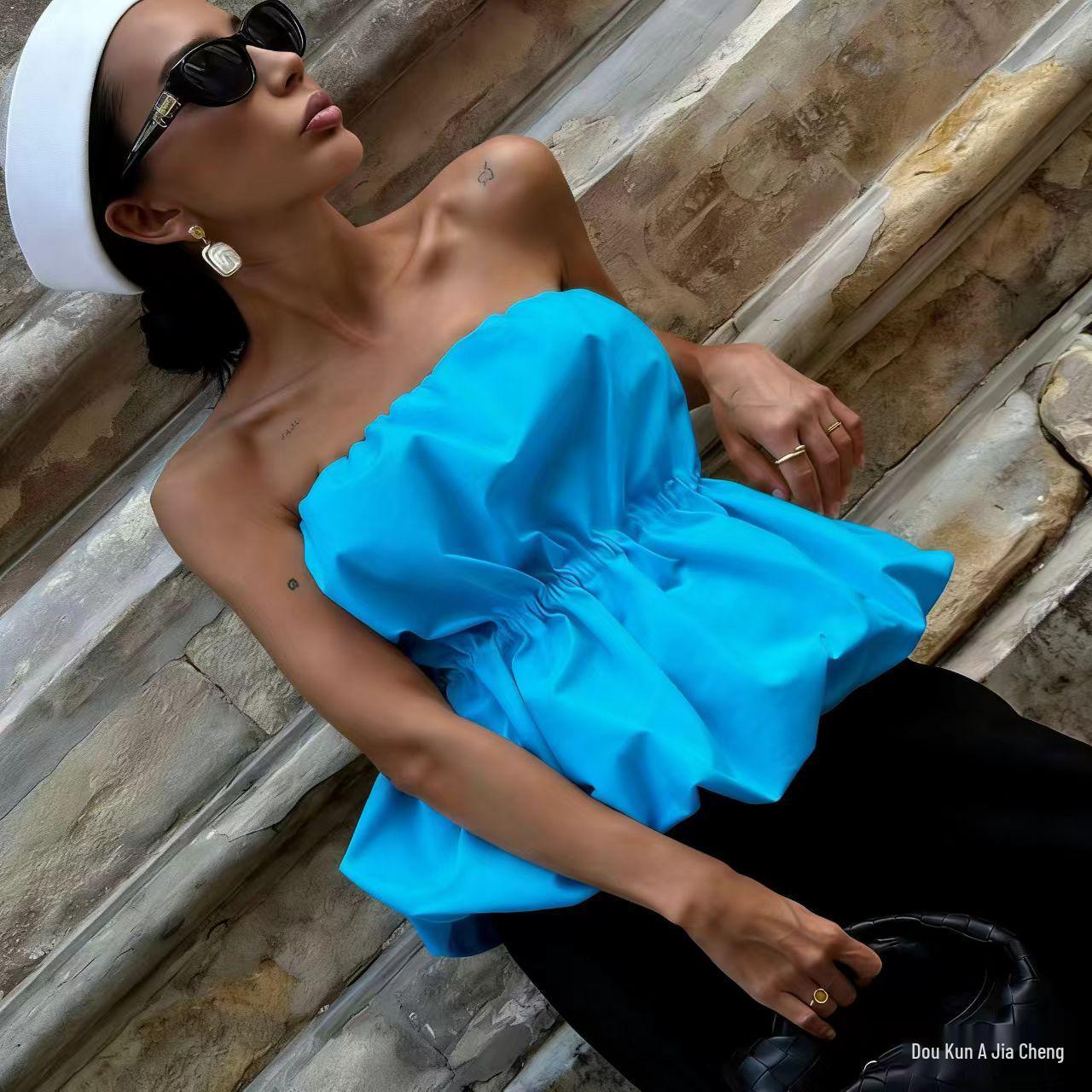 2026 Summer European & American Style Strapless Waist-Cinching Balloon Top Medium