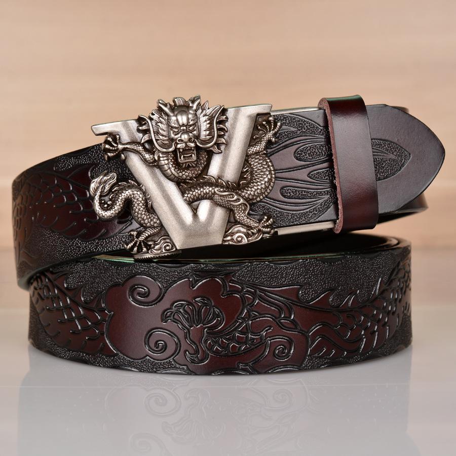 Dragon Embossed Automatic Buckle Men's Belt - Cowhide Casual Jean Accessory