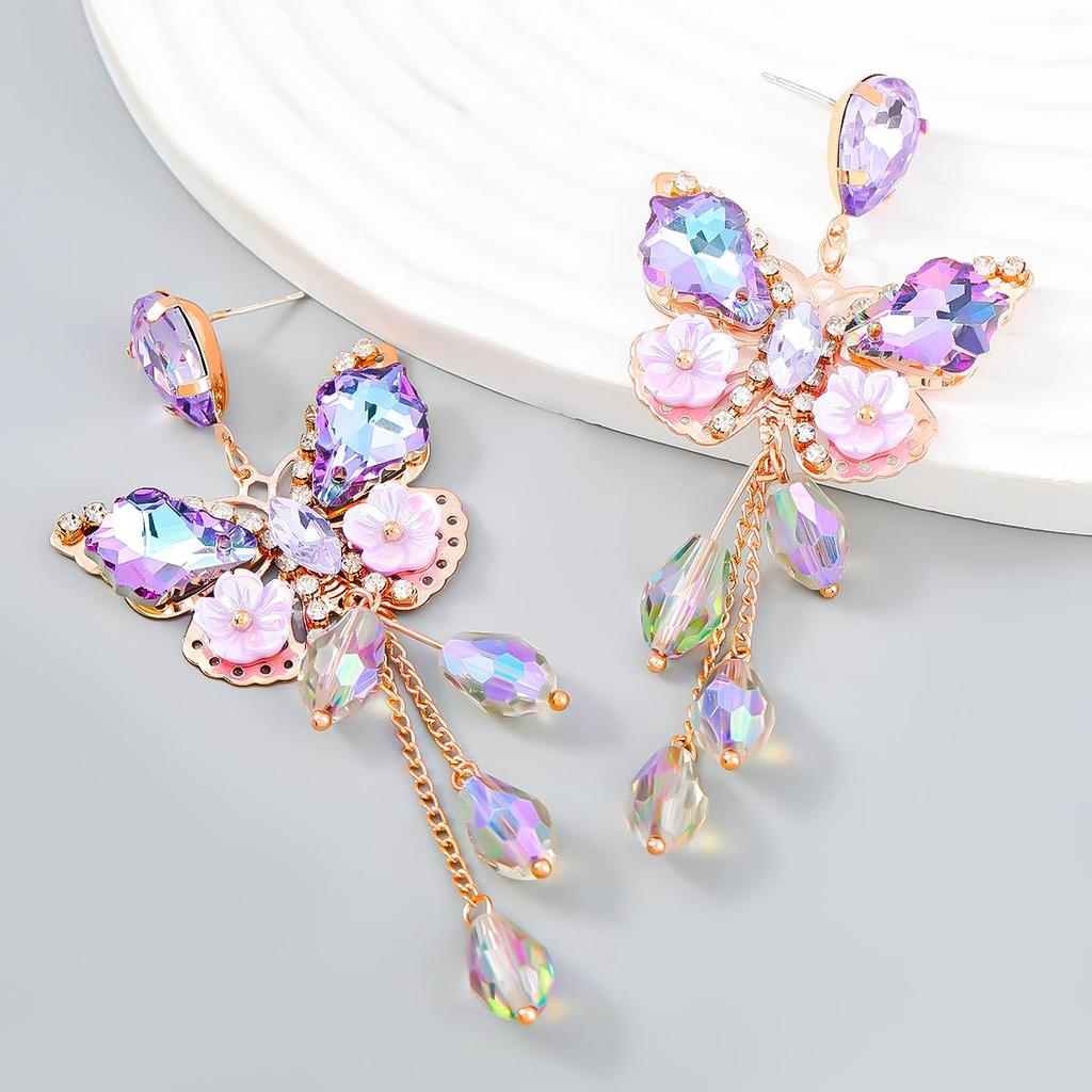 Exaggerated Alloy Diamond Butterfly Flower Long Tassel Earrings – European & American Style, Women's Autumn & Winter Fashion Accessory