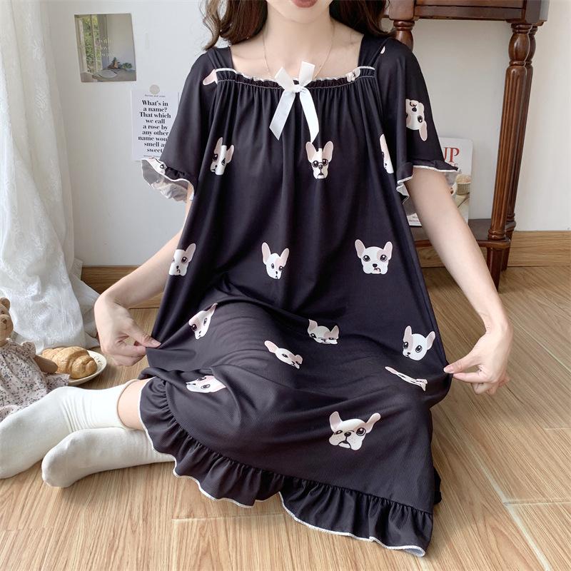 Women's Plus Size Ice Silk Nightdress - Summer Over-the-Knee, High-End, Loose Fit, Thin Section for Sizes Up To 300 Jin