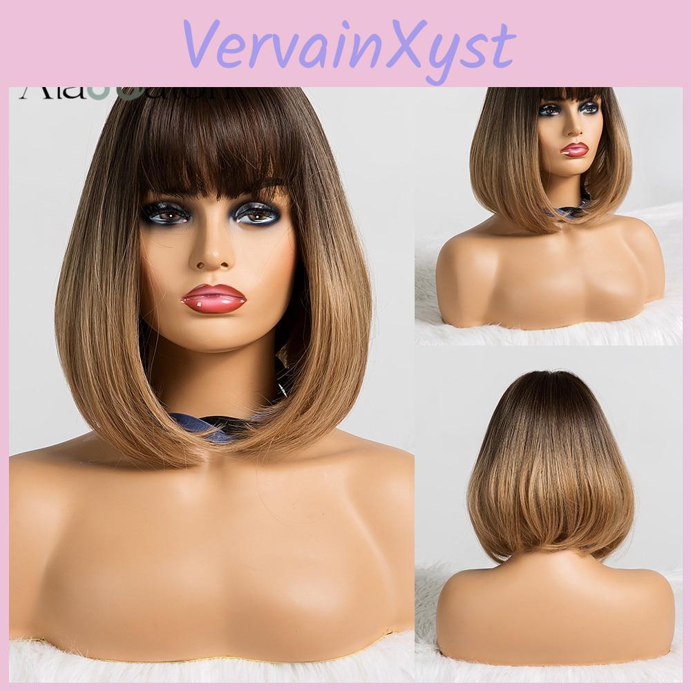 Ombre Alan Short Eaton Straight Brown To Blonde Synthetic Wigs With Bangs For Women Bob Wig Heat Resistant Lolita Cosplay