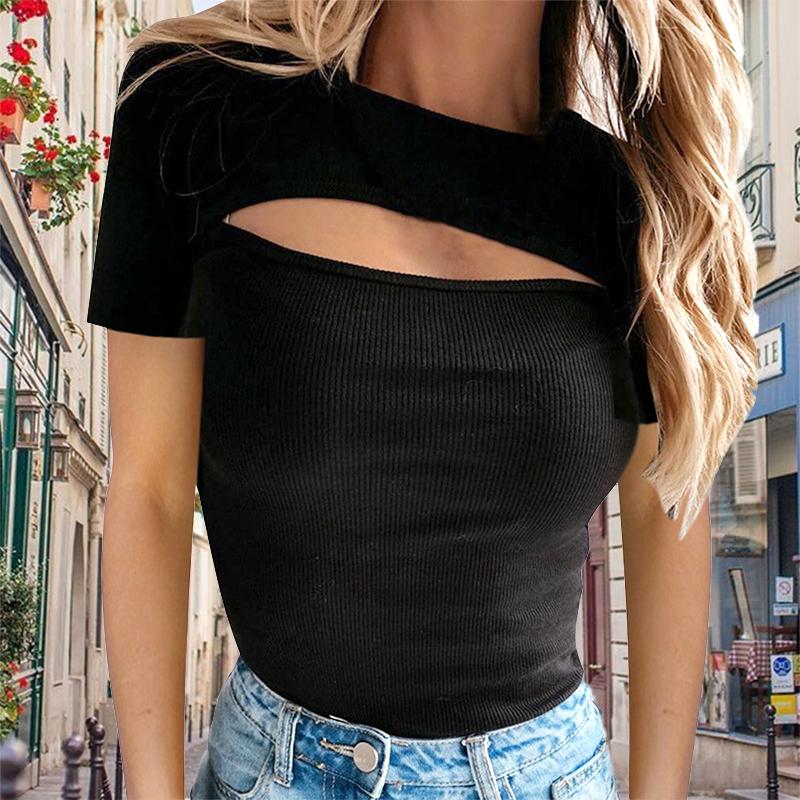 

Модная женская футболка, летняя футболка с коротким рукавом, однотонная, с круглым вырезом, облегающая, сексуальный ажурный топ