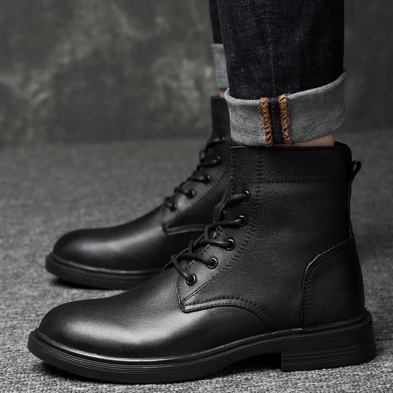 Men's Black Leather High-Top Martin Boots, Large Size, Warm Cotton Lining for Outdoor Work In Autumn and Winter