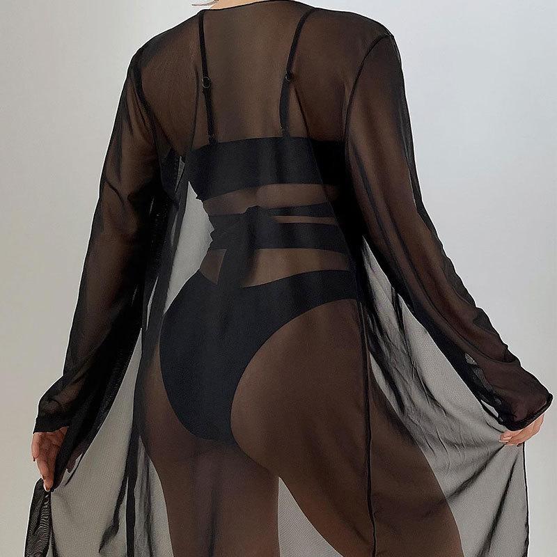 Women’s Solid Bathing Suit Three-Piece Bikini Set with Sheer Mesh Cover-Up, Sexy Beach Swimwear