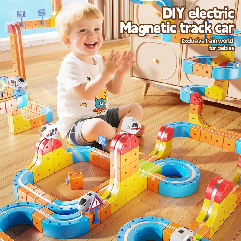Kids Diy Assembly Magnetic Rail Car Toys Electric Magic Train Track Kids 3D Construction Block Cube Model Plaything With Traffic Signs