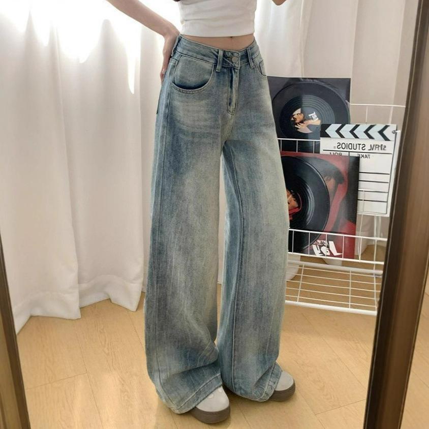 Wide-leg Vintage Blue Jeans Women Do Not Stick To The Leg of The High-waisted Drape Dragging Trousers Loose Hundred Yards of Long Trousers Denim Pants