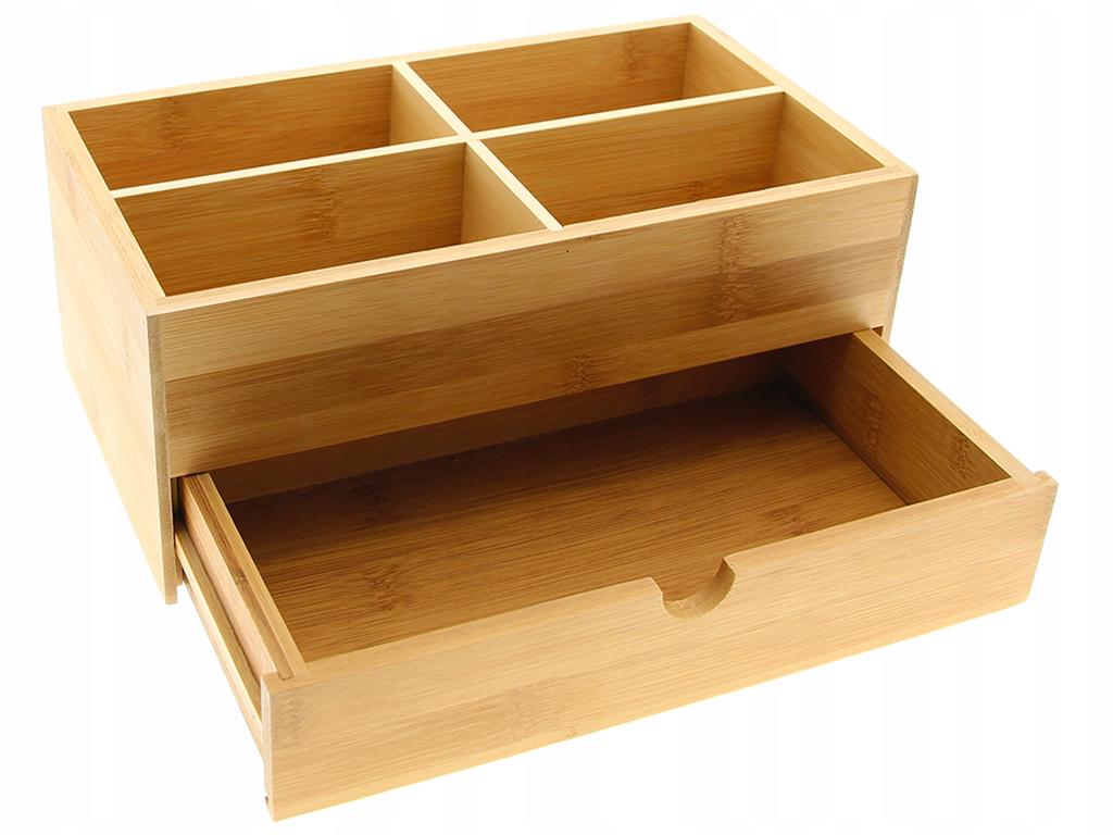 Bamboo Box Organizer Container For Nail Polishes And Cosmetics With 4 Compartments