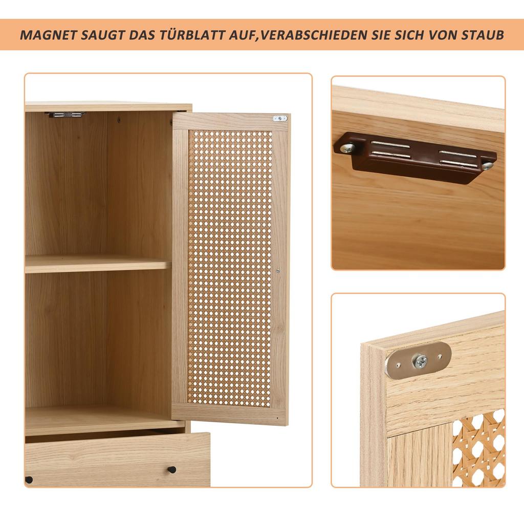 Flieks Chest of Drawers with 2 Large Drawers and 2 Doors, Bathroom Cabinet Made of Wood with Rattan Doors, 60 X 40 X 120 Cm