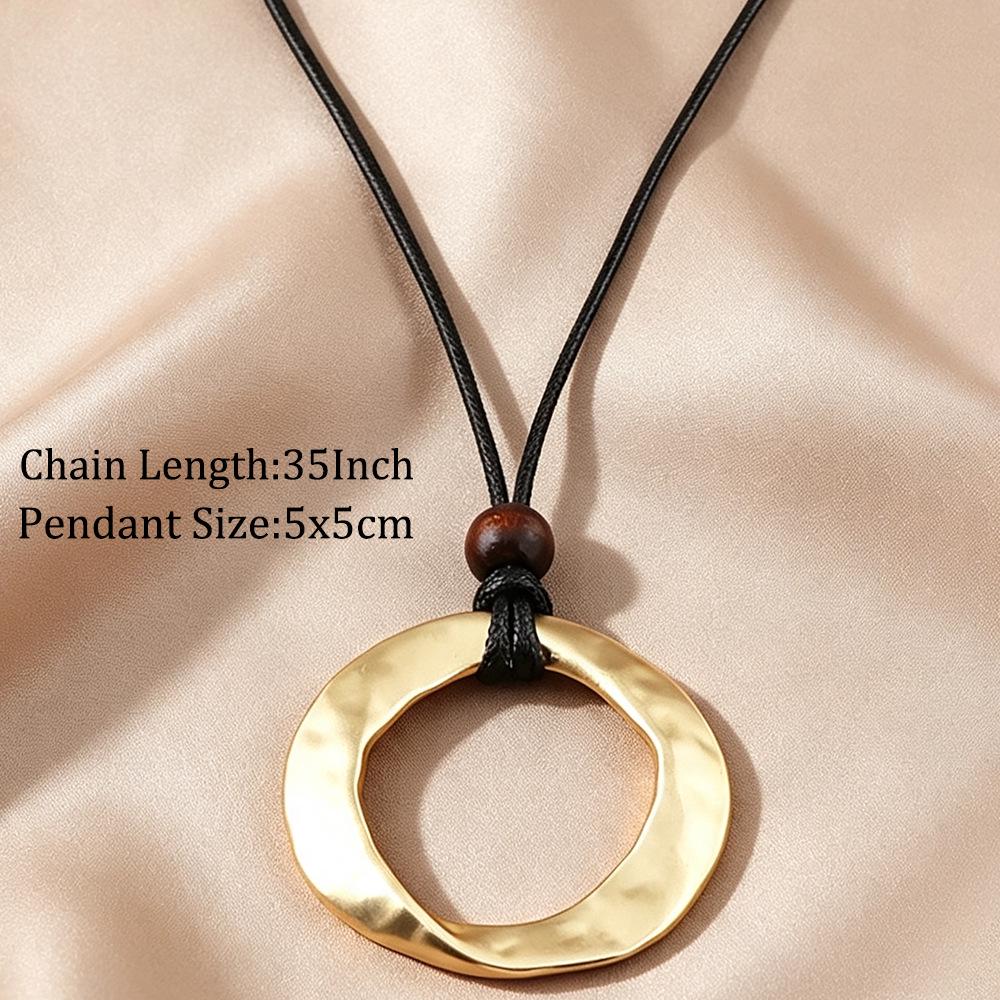 Retro Matte Gold Irregular Round Pendant Necklace with Leather Cord